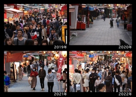 ２０１９～２２年の５月２日に定点撮影した南京町＝神戸市中央区（撮影・吉田敦史）