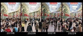 ２０１９～２２年の５月２日に定点撮影した神戸元町商店街＝神戸市中央区（撮影・吉田敦史）