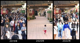 ２０１９年、２０年、２２年の５月２日に定点撮影した商業施設「モザイク」＝神戸市中央区（撮影・吉田敦史）