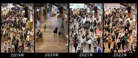 ２０１９～２２年の５月２日に定点撮影した三宮センター街＝神戸市中央区（撮影・吉田敦史、鈴木雅之）
