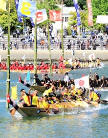 力と息を合わせて進むペーロン＝２９日午後、相生湾（撮影・大山伸一郎）