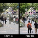 ２０１９～２２年の５月２日に定点撮影した神戸ハーバーランド＝神戸市中央区（撮影・吉田敦史）
