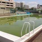 昨年使われなかった小学校のプール。消防用水の役割や底面の保護のため、水をためて管理していた＝２０２１年６月、神戸市内