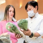 野菜を届ける吉椿雅道さん（右）と、避難してきた弟たちに代わって受け取ったマリアさん＝神戸市内