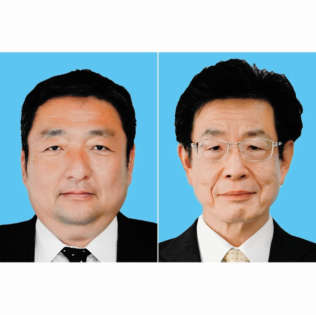 播磨町長選に立候補した（左から届け出順に）佐伯謙作氏、浅原俊也氏