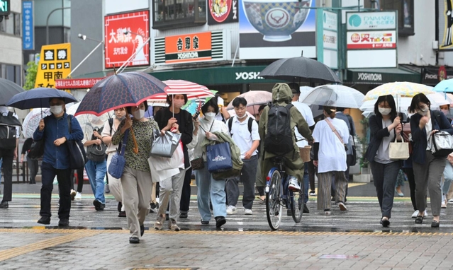 傘をさして横断歩道をわたる買い物客ら＝１４日午後、神戸市中央区元町高架通１