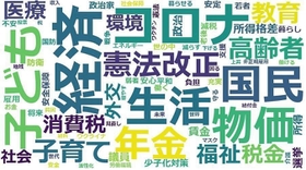 現在の暮らしぶりから参院選で議論してほしいテーマを自由に記述してもらい、集約したものについて、人工知能（ＡＩ）技術で言葉の使用頻度や傾向などを図示した