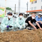 交通事故撲滅の願いを込め、ヒマワリの種を植える播磨農業高校の生徒ら＝加西自動車学院