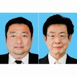 播磨町長選に立候補した（左から届け出順に）佐伯謙作氏、浅原俊也氏