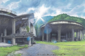 「朝日に輝く神子畑選鉱場跡」（（ｃ）山本二三）