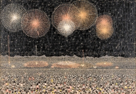 「長岡の花火」貼り絵　１９５０年　（ｃ）Ｋｉｙｏｓｈｉ　Ｙａｍａｓｈｉｔａ／ＳＴＥＰｅａｓｔ　２０２２