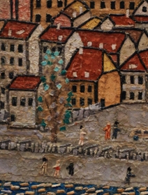 貼り絵「ハイデルベルクの古城」（１９６４年）の一部。近寄ると、立体感や繊細な表現が目を引く（撮影・鈴木雅之）
