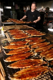 ふっくらと焼き上げられるウナギ＝姫路市延末