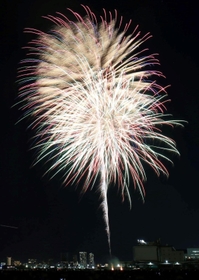 ３年ぶりの開催となった「芦屋サマーカーニバル」の花火ショー。夏の夜空を色とりどりの花火が彩り、観客を魅了した＝芦屋市南浜町、芦屋市総合公園潮芦屋ビーチ（撮影・斎藤雅志）