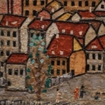 貼り絵「ハイデルベルクの古城」（１９６４年）の一部。近寄ると、立体感や繊細な表現が目を引く（撮影・鈴木雅之）