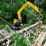 木の枝打ちなどができるハーベスター＝兵庫県多可町加美区丹治