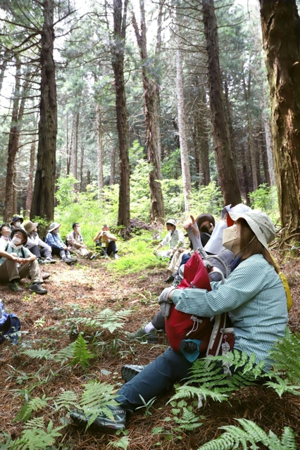 森林浴で涼を体感する講座の参加者＝１３日午後、神戸市北区山田町、市立森林植物園