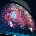 大水槽前の高い壁面に投影された花火の映像。足元では魚たちが優雅に泳ぐ＝神戸市須磨区若宮町１、神戸市立須磨海浜水族園