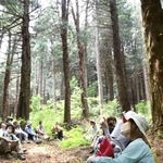 森林浴で涼を体感する講座の参加者＝１３日午後、神戸市北区山田町、市立森林植物園