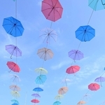 太陽の光を受け、夏空に映える色とりどりの傘＝淡路市夢舞台、明石海峡公園（撮影・坂井萌香）