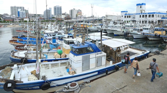 台風接近の警戒のため、係留する船がひしめく漁港＝１８日午後、神戸市垂水区平磯、垂水漁港（撮影・鈴木雅之）