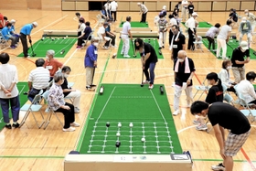 兵庫県内外の２８チーム８２人が競い合った囲碁ボール兵庫県大会＝柏原住民センター