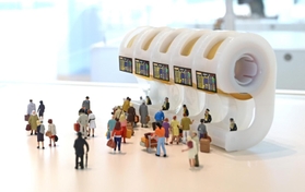 テープカッターで空港の中の風景を表現した作品「ステイセーフ、ステイテープ」＝神戸空港（撮影・坂井萌香）