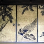 ふすまの枠からはみ出ても１本の松が描かれているように見える＝兵庫県香美町香住区森、大乗寺（撮影・岡本好太郎）