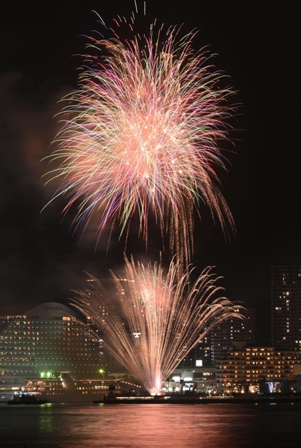 ７００発の花火が打ち上がった「みなとＨＡＮＡＢＩ」＝１７日夜、神戸市中央区港島２、ポートアイランド北公園から（撮影・坂井萌香）