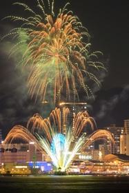 神戸ハーバーランド街開き３０周年を祝って打ち上げられたシークレット花火＝１日夜、神戸市中央区港島１、ポーアイしおさい公園から（撮影・秋山亮太）