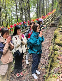 ３人の恩師の墓標の前で、手を合わせる卒業生ら＝群馬県上野村（提供写真）