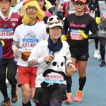 パンダのコスプレで走るキャサリンこと嶋田由美子さん＝２０日午前、神戸市兵庫区大開通９（撮影・三津山朋彦）