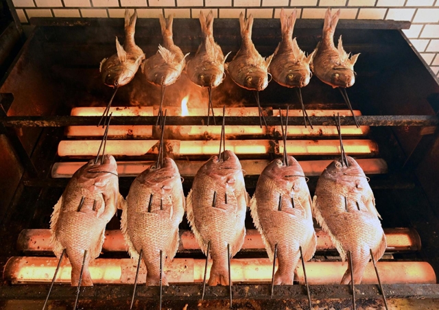 焼き台に並ぶにらみ鯛＝明石市本町１、魚秀