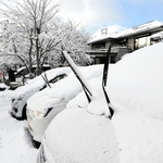 前日からの雪で車のフロントガラスも覆われた＝１９日午前、豊岡市寿町（撮影・岡本好太郎）