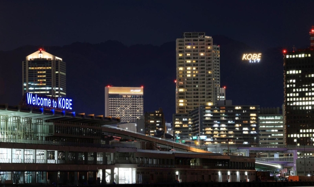 震災から２８年となるのを前に、山にともった「１・１７」の電飾＝１０日午後、神戸市中央区港島３から
