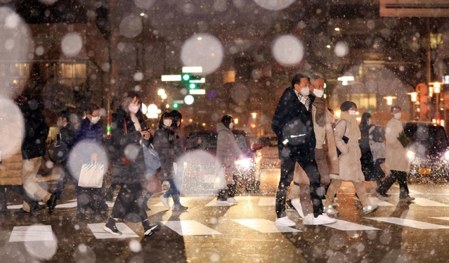 雪が降る神戸の市街地＝２４日午後、神戸市中央区