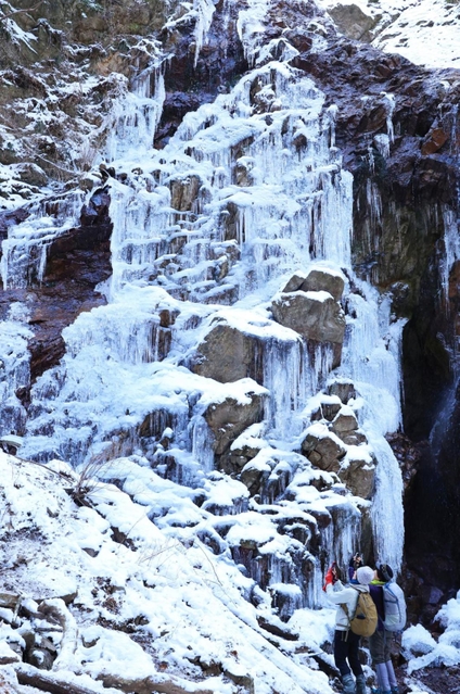 最強寒波の影響で氷結した七曲滝。氷の造形がハイカーを魅了する＝３０日午前、神戸市北区有馬町