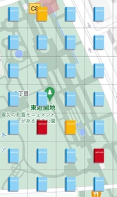 スピノートの画面。赤いノートは自身の書き込み、黄色いノートは他者の書き込みがあるマス（山本圭史さん提供）