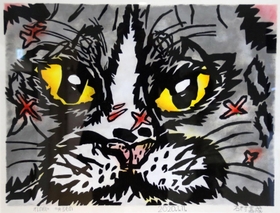 石村嘉成さんが描いた「かなしきデブ猫ちゃん」の主人公のマル＝神戸市中央区文化センター