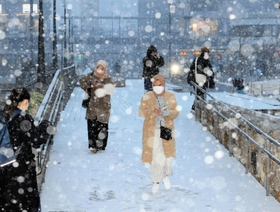 降りしきる雪の中を歩く人たち＝２４日午後４時５０分、姫路市駅前