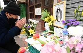 近所の人に愛されていた地域猫のナンダスのために作られた祭壇。多くの人が訪れた＝神戸市垂水区塩屋町３