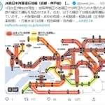 運転見合わせを知らせる表示で埋まった京阪神のＪＲ線区（Ｔｗｉｔｔｅｒより）