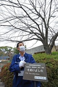 案内板を移し替え、新たにサクラの標本木となったソメイヨシノの木＝１日午後、神戸市灘区王子町３、市立王子動物園
