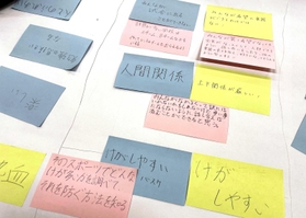 部活動の悩みなどを書き出した付箋。解決策も考えた＝兵庫県太子町鵤、太子町役場