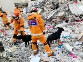 崩れた建物で続く救助犬による活動の状況＝１２日、トルコ南部のカフラマンマラシュ（ＪＩＣＡ提供）