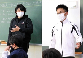 試行錯誤しながら、震災学習に取り組む中村功児先生（右）と長谷川雄大先生＝いずれも西灘小