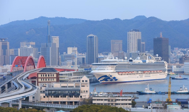 神戸港に入港した豪華客船「ダイヤモンド・プリンセス」＝８日午前６時４０分、神戸市中央区