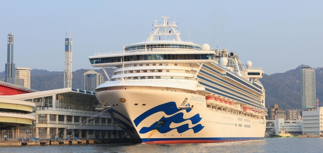 神戸港に入港した豪華客船「ダイヤモンド・プリンセス」＝８日午前７時１６分、神戸市中央区