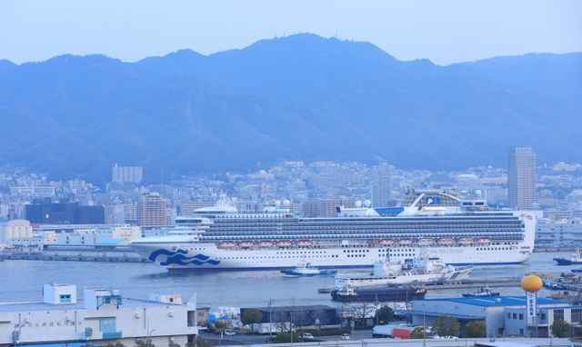 神戸港に入港する豪華客船「ダイヤモンド・プリンセス」。六甲山地の山並みを背景に、優雅な船体が港をゆく＝８日午前６時２６分、神戸市中央区