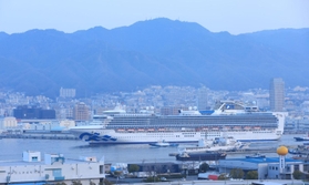 神戸港に入港する豪華客船「ダイヤモンド・プリンセス」。六甲山地の山並みを背景に、優雅な船体が港をゆく＝８日午前６時２６分、神戸市中央区